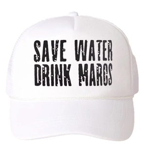 White trucker hat with Save Water Drink Margs print and breathable mesh back