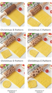 Close-up of 6 Christmas embossed wooden rolling pins with festive cookie patterns
