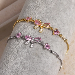 Pink Heart Zircon Bow Bracelet Copper Adjustable Sliding Clasp Elegant Sweet Jewelry For Women Girls