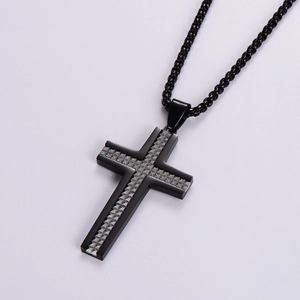Men's black stainless steel cross necklace featuring textured inlay and metal chain