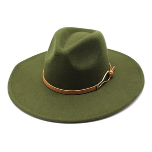 Detail of olive green wool fedora with brown leather band and gold metal buckle detail