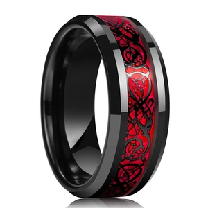 Titanium steel black ring with red dragon pattern inlay and beveled edges on white background