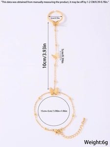 Detailed size chart for the gold butterfly ring bracelet combo with measurements and weight