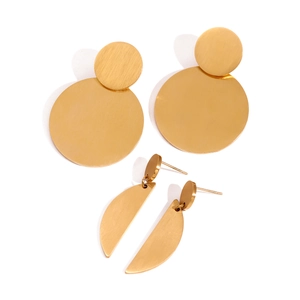 Golden stainless steel round earrings set with brushed metal texture on white background