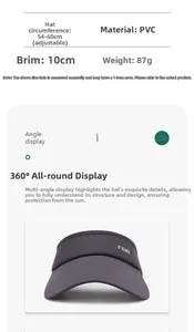 Detailed size chart for adjustable sun visor showing 10cm brim and PVC material specs