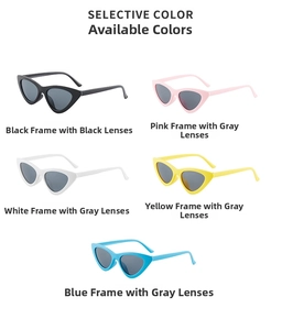 Matrix layout of vintage cat-eye sunglasses in black, pink, white, yellow and blue