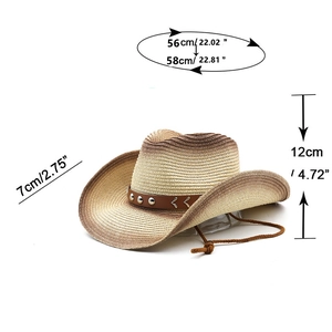 Detailed size chart of western straw hat with leather belt and metal rivets decoration