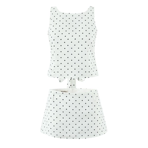 Women's summer two-piece outfit featuring white black polka dot sleeveless top and mini skirt