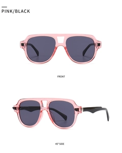 Front and side view of two-tone pilot sunglasses with pink frames and black temples