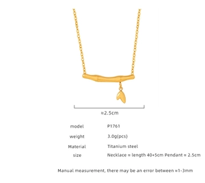 Détails du collier pendentif feuille de bambou en acier titane avec dimensions et poids