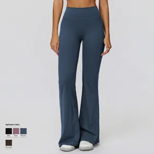 High waisted flared yoga pants in Morandi blue with wide reinforced waistband support