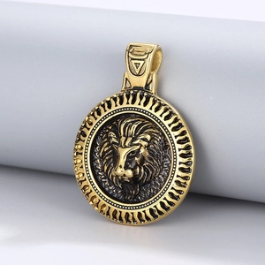 Pendentif tête de lion en acier titane doré style vintage hip hop pour hommes