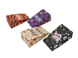 Top view of four colorful Halloween kraft paper bags with festive pumpkin and bat designs