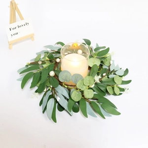 30cm artificial eucalyptus wreath candle holder with white berries and glass jar