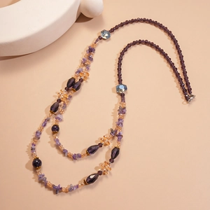 Vintage multi-layer purple amethyst glass beaded long necklace with golden floral accents