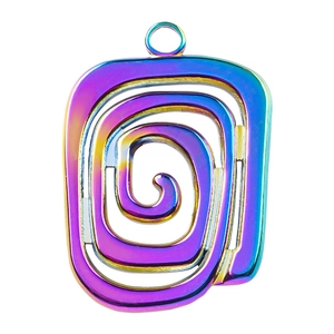 Macro detail of rainbow plated 304 stainless steel square spiral maze pendant