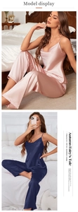 Detailed view of silk satin pajamas set featuring camisole top and straight trousers