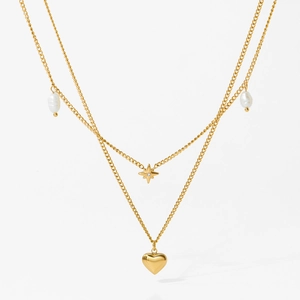Double-layer gold necklace featuring heart and star pendants with pearl accents