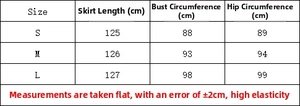 Size chart showing dress length, bust, and hip measurements in cm for a fringe halter dress