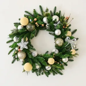 Christmas Wreath With Warm LED Lights Artificial Pine Needle Decoration Golden Silver Balls Star Bow For Front Door Home