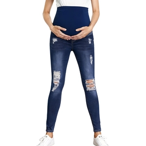 Slim fit maternity ripped jeans in dark blue with high waist support band and elastic denim