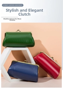 Retro kiss-lock leather clutch bags in green, burgundy, and navy with metal frames