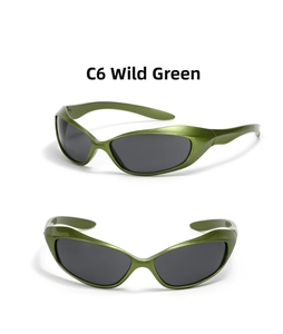 Detail view of wilderness green wraparound square sunglasses with dark gray lenses