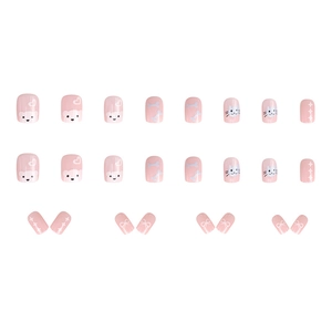 Cute pink watercolor panda cat press-on nails set with 24 pieces of bow graffiti art