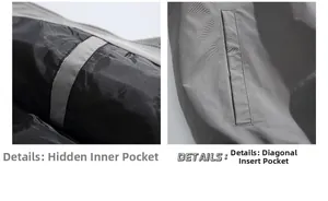 Detail view of the invisible inner pocket and side slash pocket on men's windproof jacket