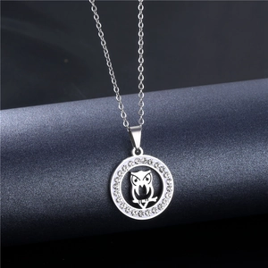 Silver stainless steel owl necklace with sparkling rhinestones and delicate thin chain