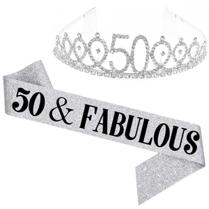 50th Birthday Party Set with Silver Rhinestone Tiara and 50 & Fabulous Glitter Sash