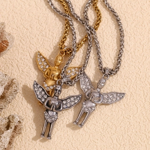 18K gold plated stainless steel angel pendants with crystals on woven chains for men