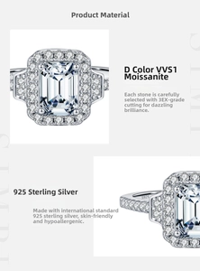 Detail of emerald cut moissanite ring showing S925 sterling silver stamp and sparkle