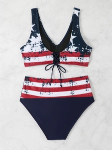 Chic American flag print high waisted bikini set with stylish lace-up V-neck top