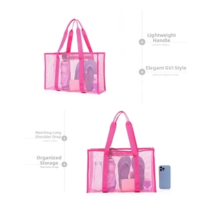 Detailed view of large mesh beach bag in rose pink showing dual handles and ample storage space