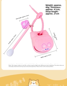 Pink cartoon cat silicone pendant showing detailed dimensions and stretchable spiral strap