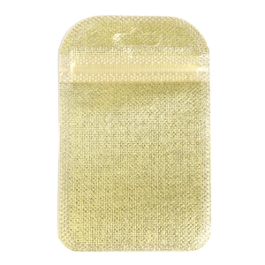 Detailed view of golden mesh texture and resealable zipper on the packaging bag