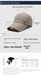 Detailed size specifications for quick-dry khaki baseball cap with 9cm brim and 65g weight