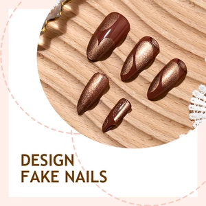Sparkling dark brown cat-eye almond press-on nails set on a rustic wooden background