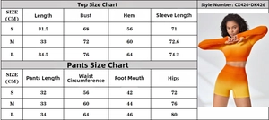 Size guide for seamless gradient yoga set including crop top and shorts measurements