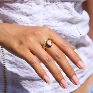 Classic 18K gold stainless steel double layer ring with marquise and round zircon
