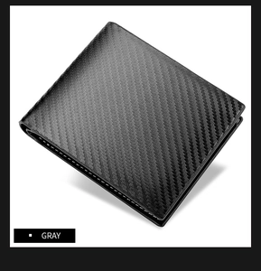 Detail shot of gray men's bifold wallet with carbon fiber texture and white contrast stitching
