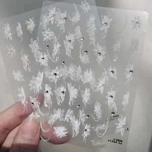 Detail of white translucent nail stickers with flower and butterfly patterns, model 3325
