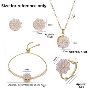 Detailed view of daisy jewelry set with purple enamel petals and zircon inlays on white background