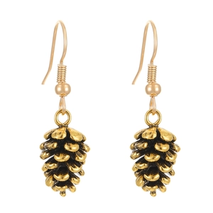 Bohemian vintage pinecone drop earrings in antique gold finish with hook design