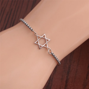 Close-up of silver steel bracelet with cutout hexagram star charm on mannequin wrist