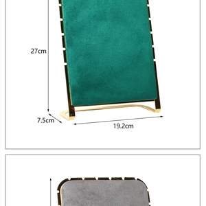 Detailed jewelry stand dimensions in green and grey velvet with gold metal base