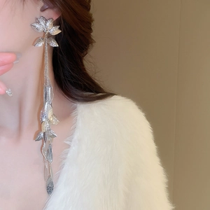 Gros plan d'élégantes boucles d'oreilles à pampilles en argent portées par un mannequin