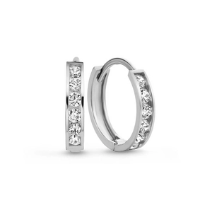 Detail of S925 sterling silver hoop earrings with shimmering star-set cubic zirconia