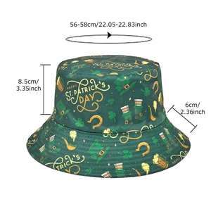 Reversible St. Patrick's Day bucket hat with clover print and size specifications